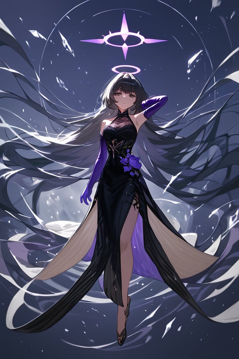 (score_9,score_8_up,score_7_up,score_6_up,score_5_up,score_4_up), detailed, anime, female, long hair, breasts, looking at viewer, bangs, black hair, dress, bare shoulders, very long hair, full body, elbow gloves, black dress, halo, large circle halo behind head, , floating, absurdly long hair, large circle behind her, halo, long hair, honkai (series), long gown, purple hands, floating above, black and white hair,