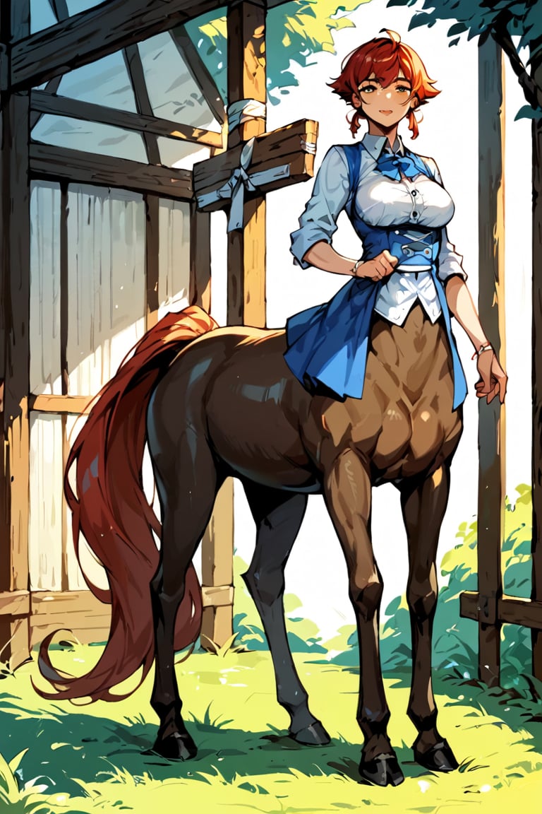 score_9_up, score_9, score_8_up, score_8, score_7, score_7_up, score_6_up, score_5_up, score_4_up, source_anime, BREAK, female, shire horse, large horse, black fur, red hair, centaur, Centaur, large hooves, black centaur, white feet, large feet,