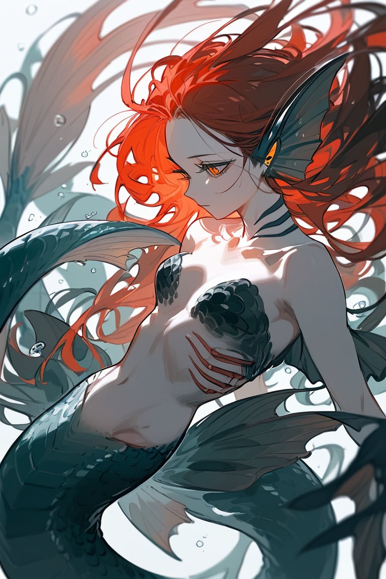 (score_9,score_8_up,score_7_up,score_6_up,score_5_up,score_4_up), female, mermaid, fins for ears, dark hair, red hair, gills, scales, lithe body, black scale, orange eyes, sharp features, pale skin, 