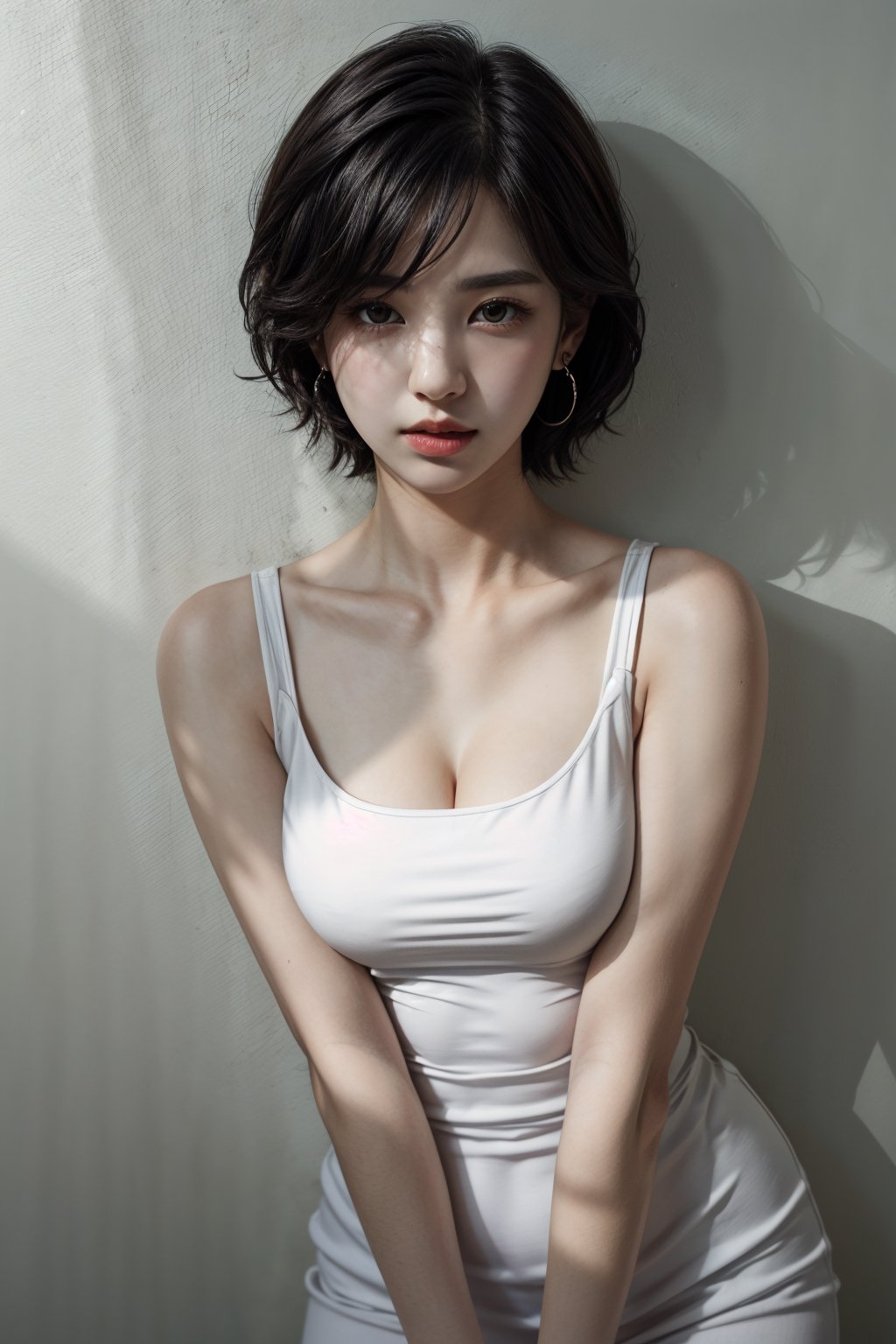 LinkGirl, 1girl, solo, breasts, cleavage, black hair, realistic, looking at viewer, full body, lips, shadow, tank top, short hair, medium breasts, black eyes, earrings, wear a white dress, bare shoulders, jewelry, collarbonensfw