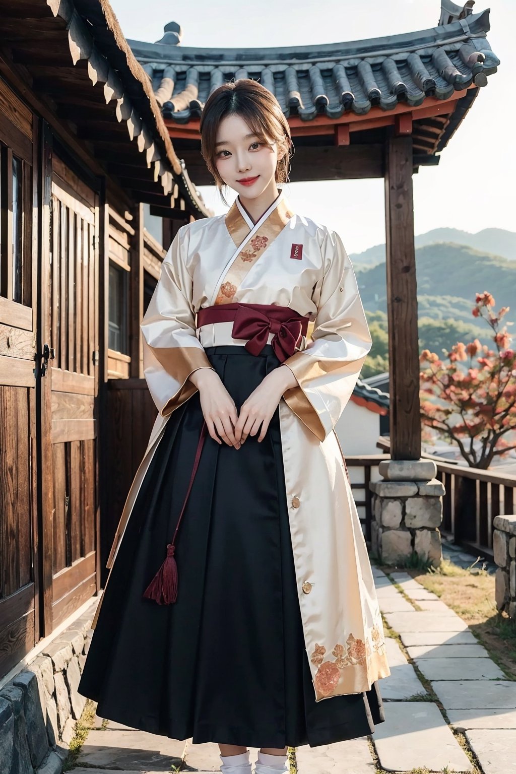 masterpiece, A beautiful korean girl, korean traditional costumes, short-hair, smile, korean traditional house,koh_yunjung, hanbok, hanbok skirt