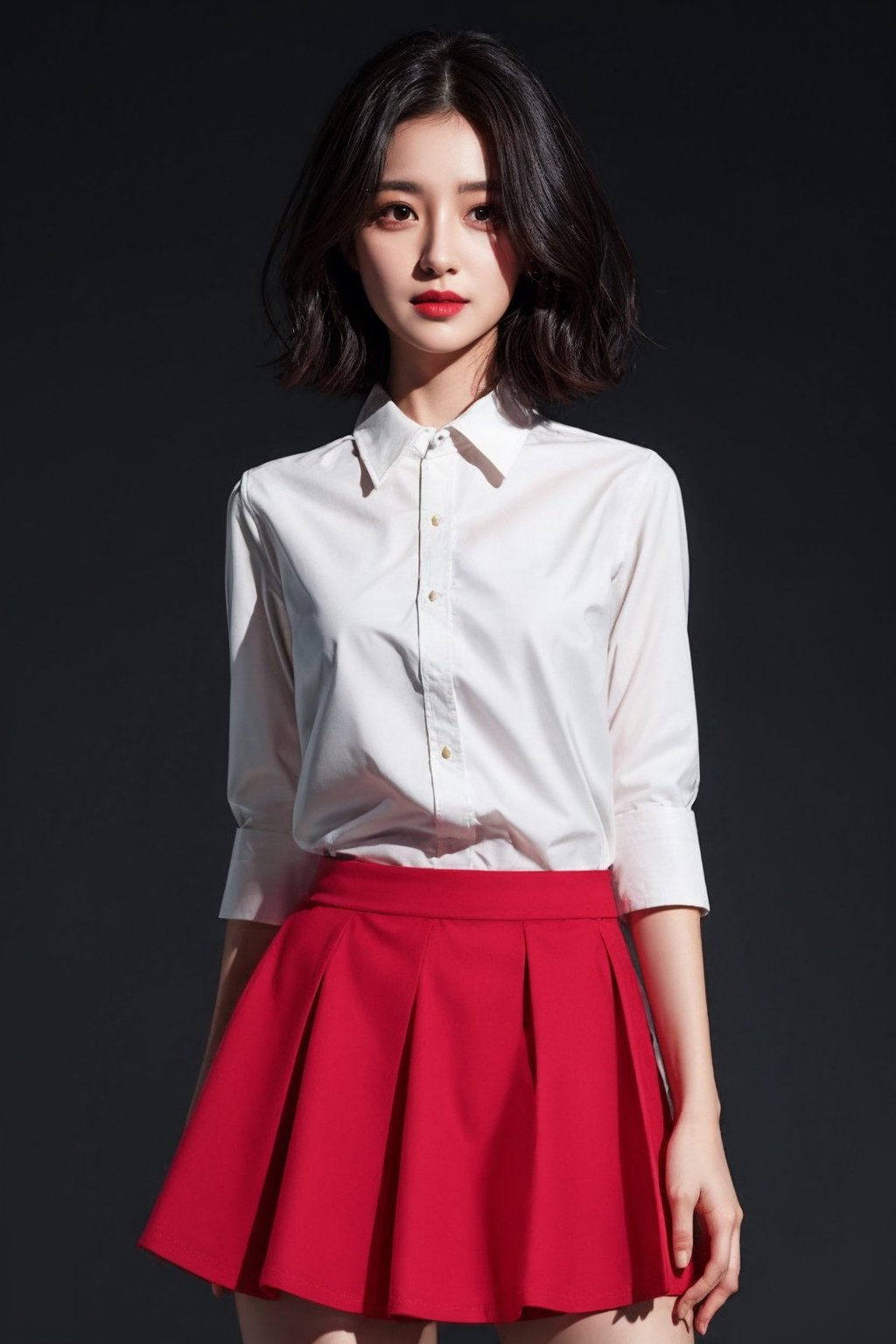 (best quality, masterpiece, ultra quality) short black hair, brown_eyes, white shirt, short red skirt, black sleeves, UHD quality