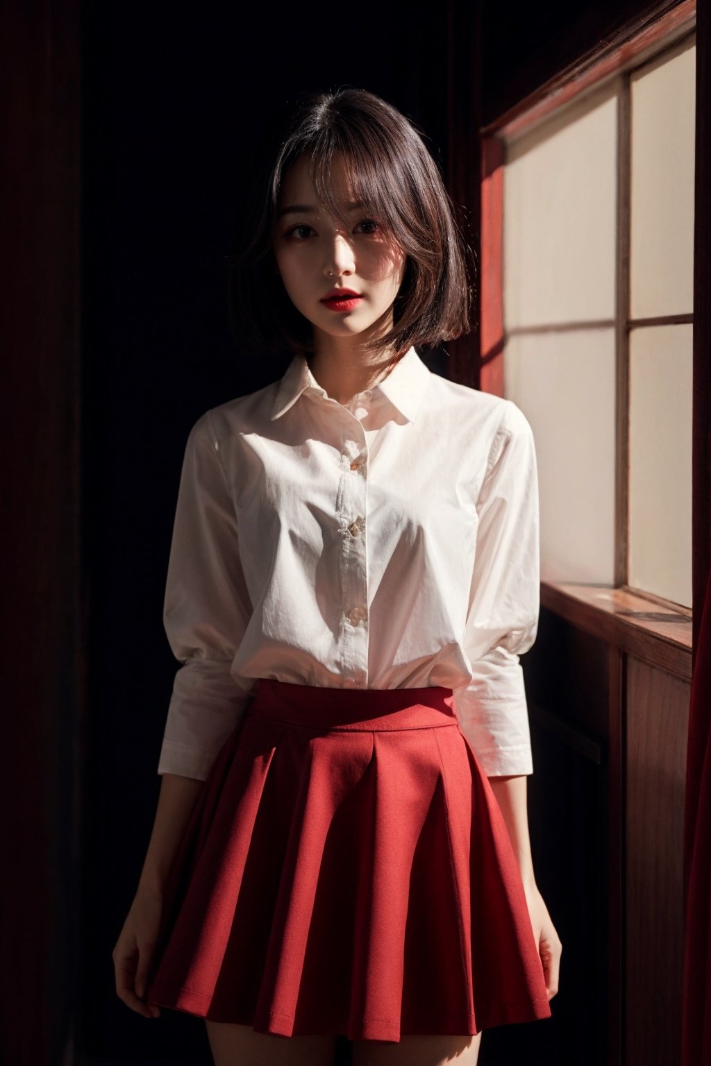 (best quality, masterpiece, ultra quality) short black hair, brown_eyes, white shirt, short red skirt, black sleeves, UHD quality