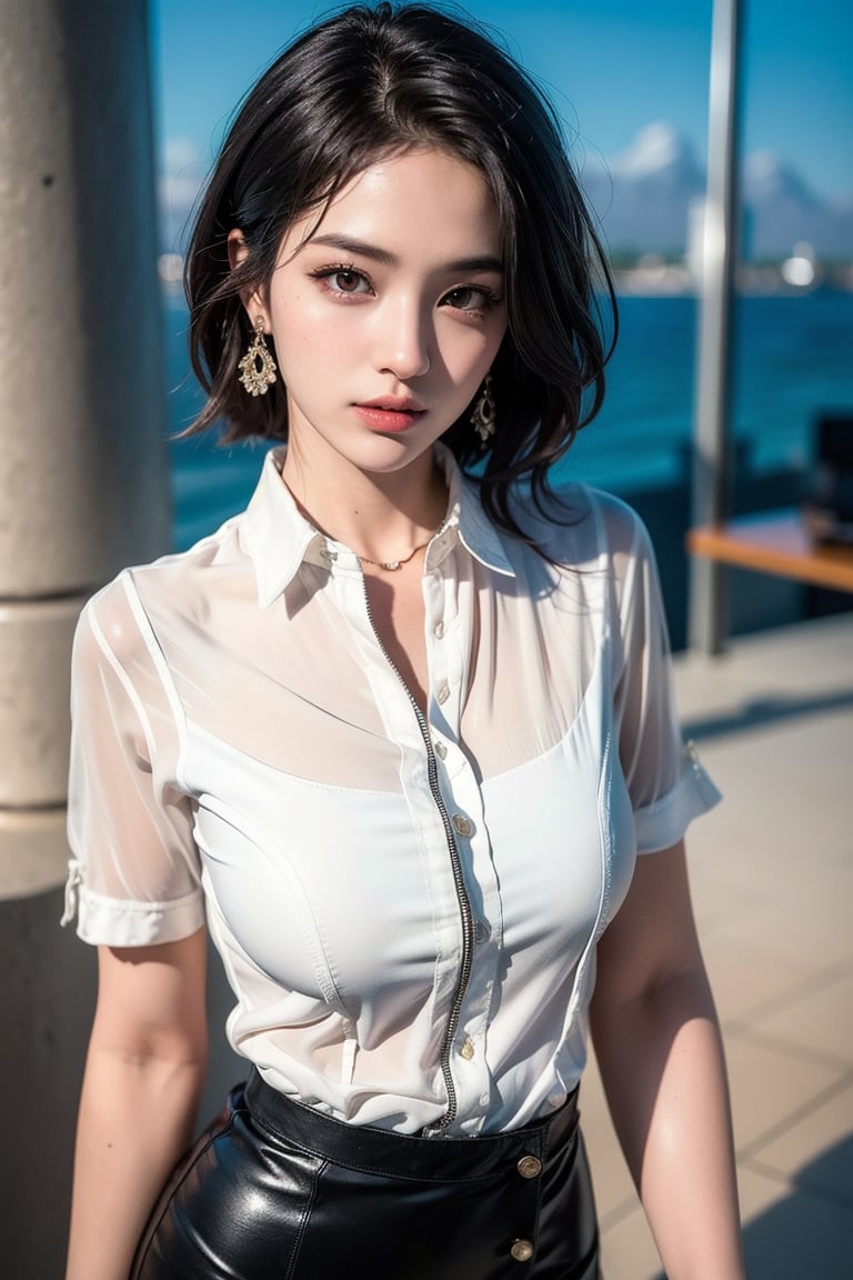 (Realistic, Photorealistic: 1.37), Beach Dress, K-Pop Idol, ((Highest Quality)), ((Exquisite Detail)), ((Surreal)), Absurd Resolution, 18 years old, Young, Sexy Woman, Staring at the Viewer, Resort Hotel, Highly Detailed Illustration, 1 Girl, Medium Bust, Perfect Hands, Detailed Fingers, Beautifully Detailed Eyes, Short Length Hair, Brown Eyes, (Black Button Up Shirt: 1.2), Tight Skirt, Detailed Background, Perfect Eyes, Captivating Eyes, Staring. Front View, Fashion, lemon0001