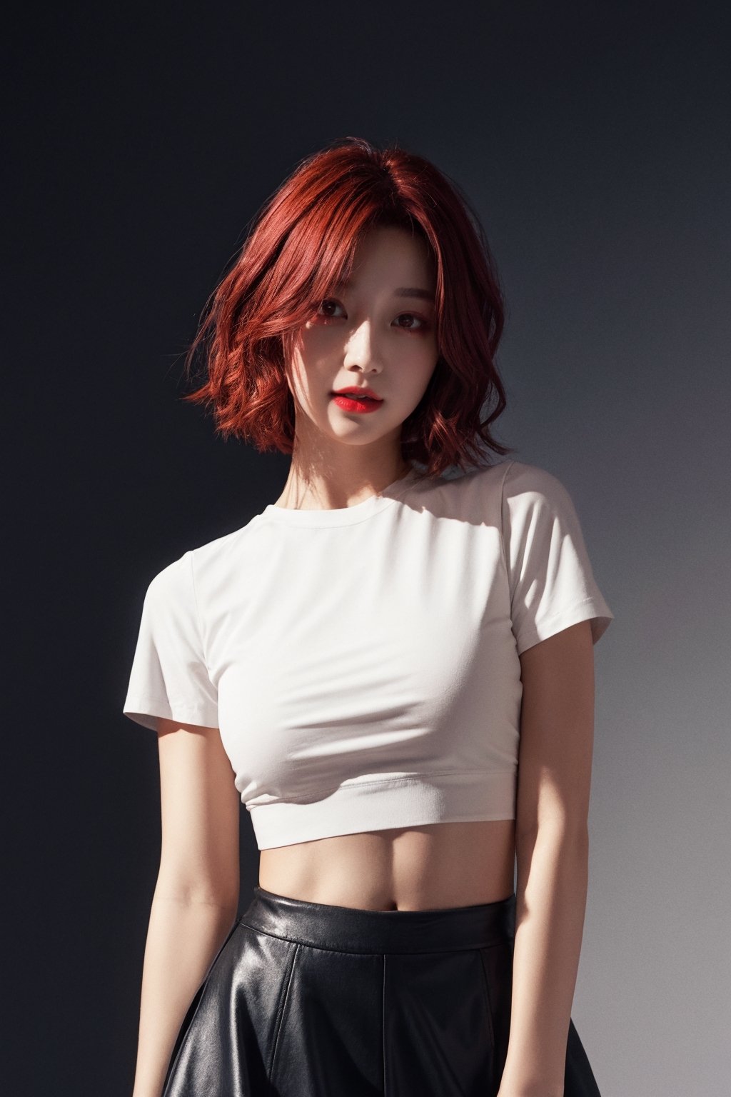 (best quality, masterpiece, ultra quality) short red hair, red_eyes, white crop top, short black skirt, black sleeves, UHD quality,
