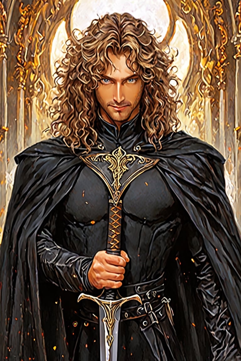 golden_hair, long_hair, Amber_eyes, Pilot_clothes,  handsome_face, eyes_open, middle aged_man
, black_clothes, black_cape, curly_hair, holding_broadsword,  open_eyes, perfect_eyes, five_fingers
, seductive face, kind_eyes, kind_smile
