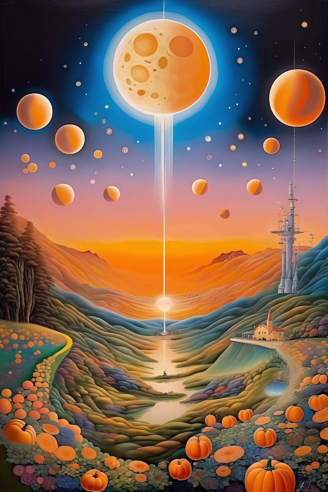 light orange garden, psychedelics, 8k, large detailed moon, halloween, album cover,detailmaster2,HellAI, painting by Salvador Dali