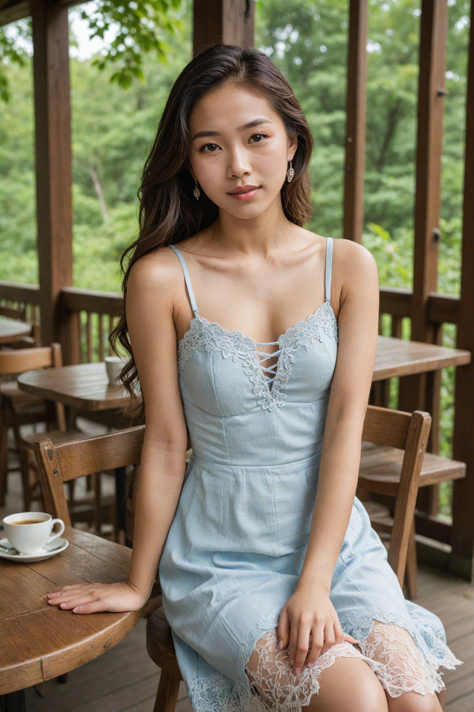 A  Taiwan-korean mixed race girl, 20-year-old, 
The photo features a young woman seated at an outdoor café. She is wearing a sleeveless, ribbed, beige dress that hugs her figure and reaches mid-thigh. The dress has thin straps and a scoop neckline. The woman has long, wavy hair and a relaxed, natural look. The background includes wooden tables, chairs, and large windows, creating a cozy, rustic atmosphere. The scene is well-lit, suggesting a sunny day.

A whimsical fairytale dress, light blue with intricate lace details, in an enchanted forest.