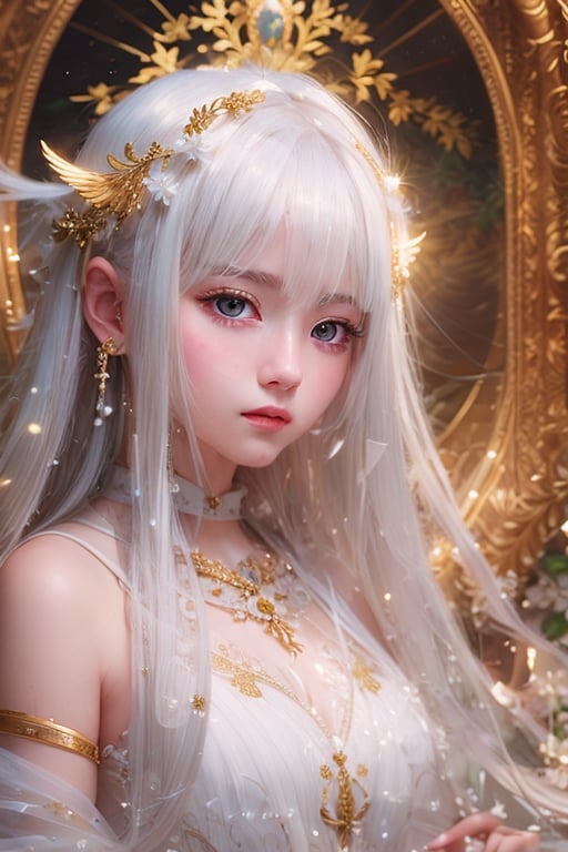 masterpiece, best quality, ultra-detailed, illustration, close-up, straight on, face focus, 1girl, white hair, golden eyes, long hair, halo, serene expression, looking at viewer