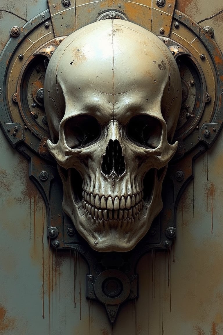 symmetrical and frontal portrait of a skull, front and semi-symmetrical, Focus on a human skull, A portrait of a skull, moebius style illustration, human skull as a trophy hanging on a wall, aesthetic, score_9, score_8_up, score_7_up, lPortrait, Only part of the skull, A biomechanical human skull in the style of H.R. Giger, skull attached to cyberpunk biomechanical machine, skull embedded in a biomechanical machine, suspended and welded to a biomechanical wall, characteristic of H.R. Giger, its shape is a hypnotic fusion of a biomechanical human skull of a human being in the style of H.R. giger, an ominously intricate machine, parts of the crane subtly morph into cold yet complex metallic contours, dark environment with fog, Human skull subtly attached and fused to the biomechanical environment, biomechanical pipes, water vapor and fog surround her, horror atmosphere, slimy slime drips from her body, alien style 1979

legendofnerd style, simple BREAK background, diagonal abstract structure on the background. add text as artist signature "Drauka"

color pencil, sketch, painting, paper texture, art_solyanka, SKP-highly detailed, SamYoung_Illustration