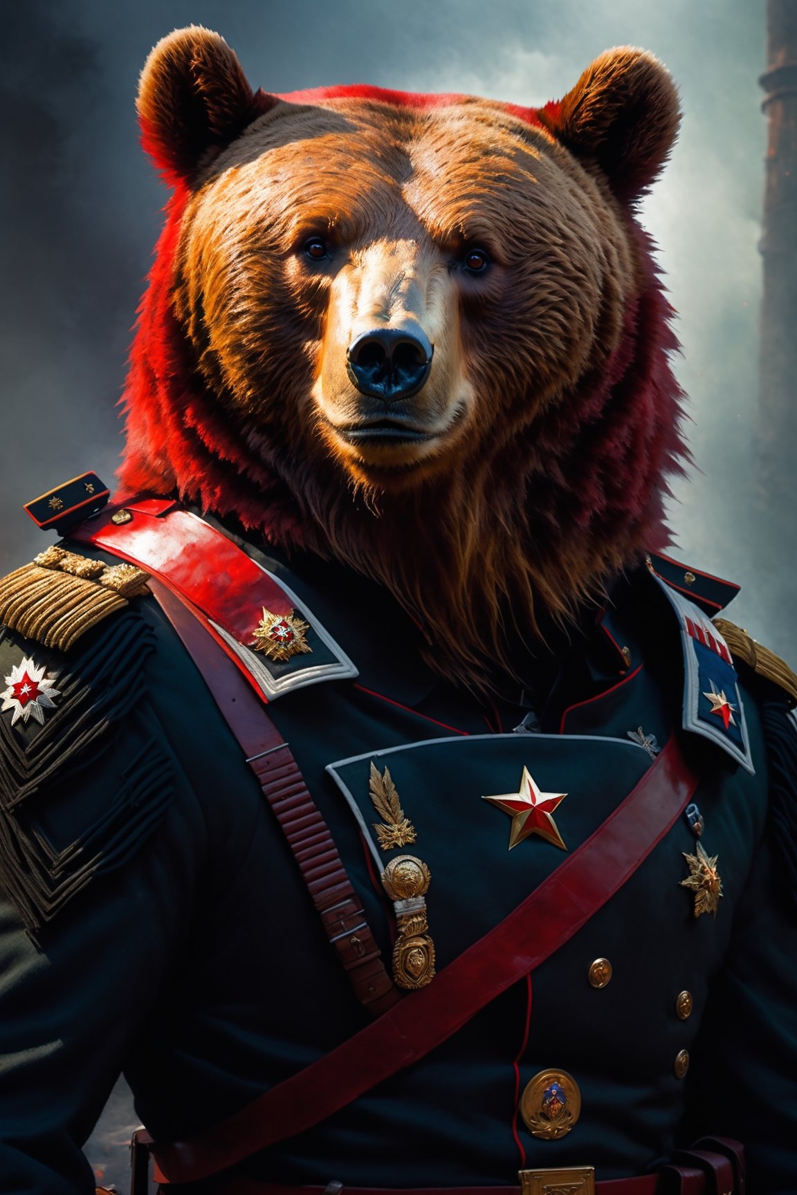 A bear portrait of a hyper-detailed uniformed soldier, a Russian soldier bear, military uniform red hair, (nice: 1.3) thoughtful expression, full body, magical energy conjuration, cinematic filmed in ultra realistic skin canon 5d, Fabian Perez Henry Asencio , Jeremy Mann Marc Simonetti fantasy magic horror atmosphere (highly detailed environment: 1.3), HellAI