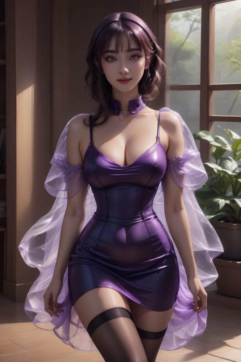 September Carino, long brown hair, ass long hair, hair ornament, purple dress, revealing dress, smile, black pantyhose, pantyhose, flirting, very large breasts, revealing clothes, mini skirt, tight skirt, cleavage, BREAK looking at viewer, full body, BREAK indoors,B REAK  (masterpiece:1.2), best quality, high resolution, unity 8k wallpaper, (illustration:0.8), (beautiful detailed eyes:1.6), extremely detailed face, perfect lighting, extremely detailed CG, (perfect hands, perfect anatomy),aesthetic portrait