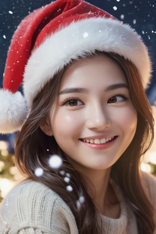 a woman sitting under a Christmas tree and smiling, at night, wear Christmas hat, outdoor, detail, beautiful, realistic, 4k, falling_snow,korean girl