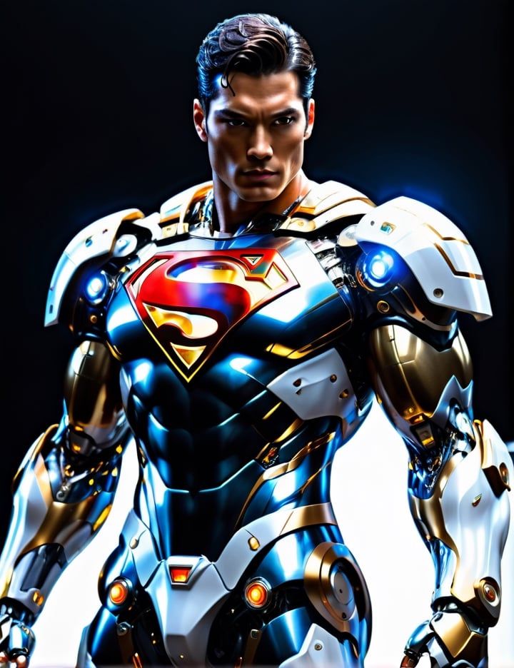 anatomically correct a bio mechanical cyborg superman made of glass white and gold, transparent body, (extremely detailed face, full body, look at viewer),carbon fiber texture, carbon fiber, soft bright background, shine, subsurface scattering, transparent, glow, bloom, jellyfish, coral, Bioluminescent liquid, volumetric light, tube, 3d style,cyborg style,Movie Still,Leonardo Style,cyborg,mecha,starry,blessedtech,Sexy Muscular,Handsome Thai Men,android,robot