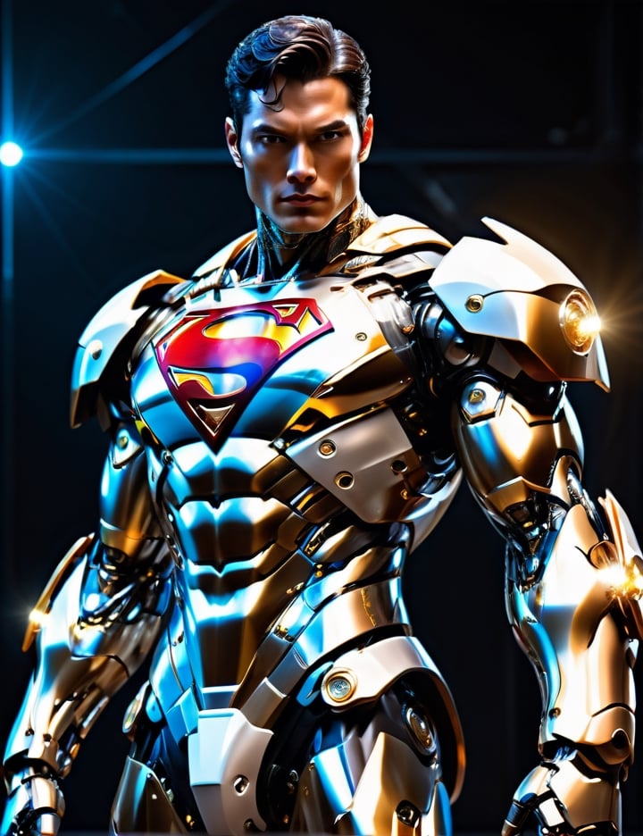 anatomically correct a bio mechanical cyborg superman made of glass white and gold, transparent body, (extremely detailed face, full body, look at viewer),carbon fiber texture, carbon fiber, soft bright background, shine, subsurface scattering, transparent, glow, bloom, jellyfish, coral, Bioluminescent liquid, volumetric light, tube, 3d style,cyborg style,Movie Still,Leonardo Style,cyborg,mecha,starry,blessedtech,Sexy Muscular,Handsome Thai Men,android,robot