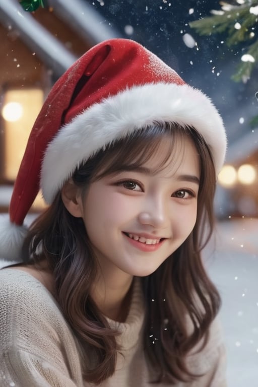 a woman sitting under a Christmas tree and smiling, at night, wear Christmas hat, outdoor, detail, beautiful, realistic, 4k, falling_snow,korean girl,aesthetic portrait