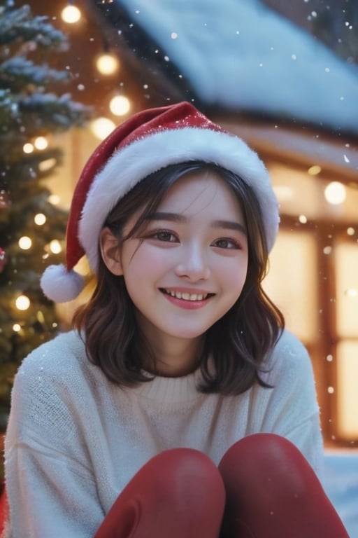 a woman sitting under a Christmas tree and smiling, at night, wear Christmas hat, outdoor, detail, beautiful, realistic, 4k, falling_snow,korean girl,aesthetic portrait