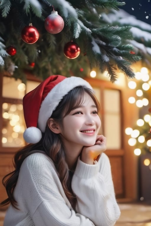 a woman sitting under a Christmas tree and smiling, at night, wear Christmas hat, outdoor, detail, beautiful, realistic, 4k, falling_snow,korean girl,aesthetic portrait