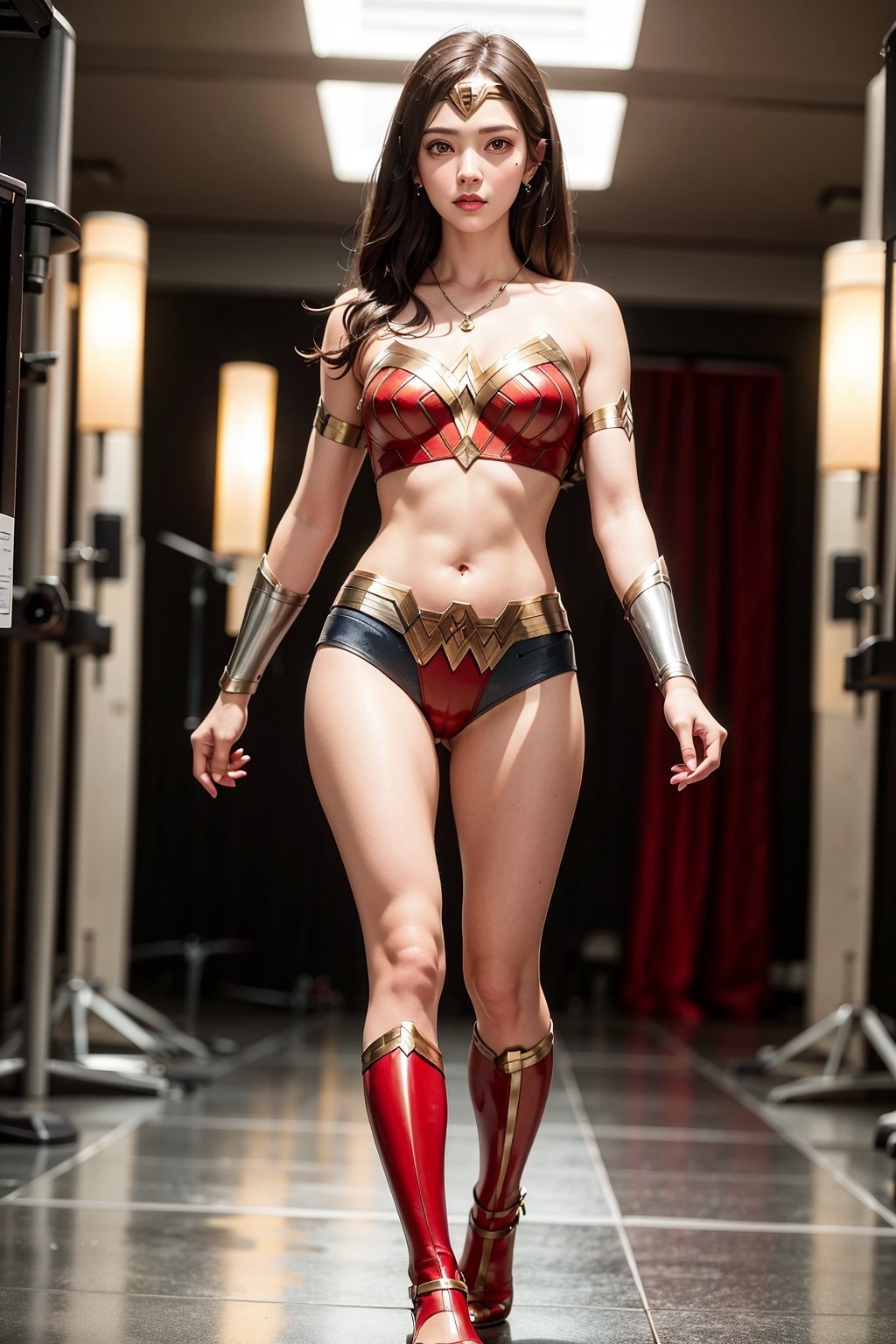 wonder_woman standing with model pose in studio, 1girl BREAK hourglass bodyshape, natural huge breasts, smile, earrings, necklaces, glossy lips, bobcut, BREAK (masterpiece, best quality, ultra-detailed, 8K), (realistic:1.2), (intricate:1.2), rule of thirds BREAK full body, cinematic shot, detailed face, detailed eyes, cinematic lighting, koh-yunjung BREAK shiny skin, oiled skin,1 girl,girl,seolhyun,woman,sexy_maid_bikini,sports bra,wonder_woman,wonder woman