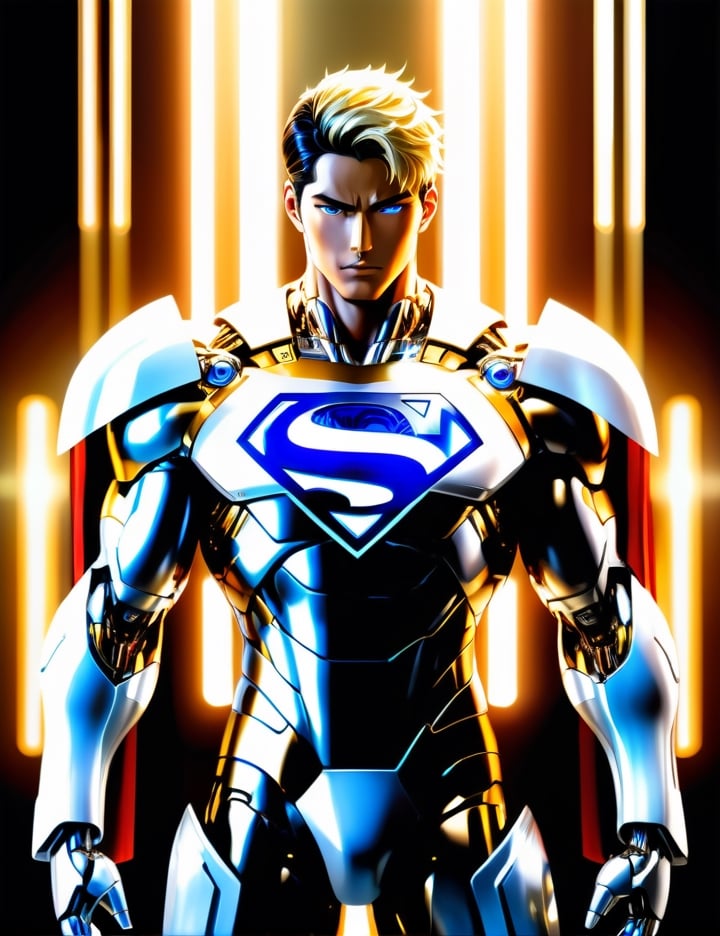 anatomically correct a bio mechanical cyborg superman made of glass white and gold, transparent body, (extremely detailed face, full body, look at viewer),carbon fiber texture, carbon fiber, soft bright background, shine, subsurface scattering, transparent, glow, bloom, jellyfish, coral, Bioluminescent liquid, volumetric light, tube, 3d style,cyborg style,Movie Still,Leonardo Style,cyborg,mecha,starry,blessedtech,Sexy Muscular,Handsome Thai Men,android,robot,chrometech ,eren_yeager,eren_jaeger,cute blond boy,l3min