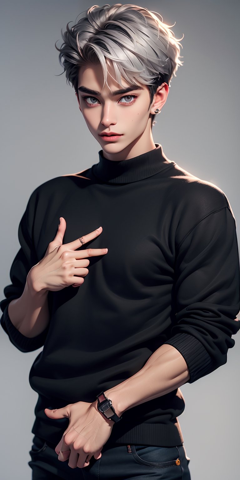 1male, cold marble gray eyes, short silver messy hair, (black sweater:1.1), pastelgothAI, beautiful hands, perfect hands, , ( fg2h, fingergun:1.2),Color Booster