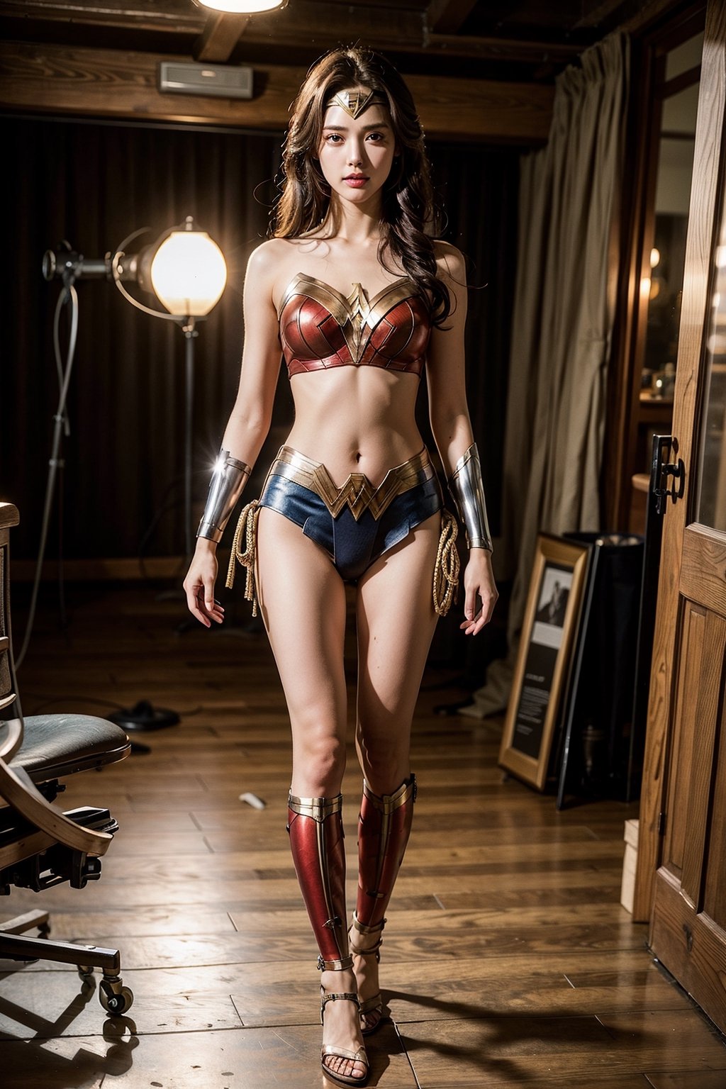 wonder_woman standing with model pose in studio, 1girl BREAK hourglass bodyshape, natural huge breasts, smile, earrings, necklaces, glossy lips, bobcut, BREAK (masterpiece, best quality, ultra-detailed, 8K), (realistic:1.2), (intricate:1.2), rule of thirds BREAK full body, cinematic shot, detailed face, detailed eyes, cinematic lighting, koh-yunjung BREAK shiny skin, oiled skin,1 girl,girl,seolhyun,woman,sexy_maid_bikini,sports bra,wonder_woman,