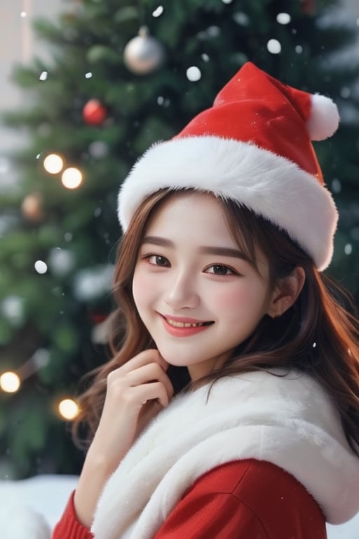 a woman sitting under a Christmas tree and smiling, at night, wear Christmas hat, outdoor, detail, beautiful, realistic, 4k, falling_snow,korean girl,aesthetic portrait