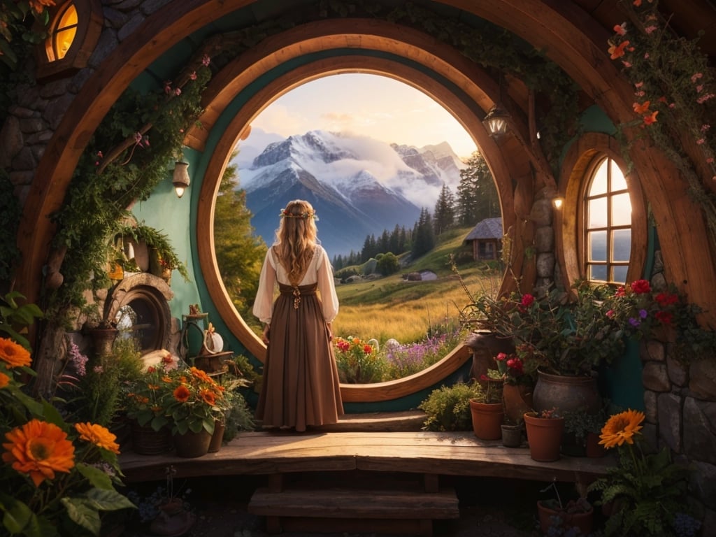 Masterpiece, photorealistic, shot from hobbit house, fantastic sunset,  vibrant colors, rich colors, (saturated colors),  1 girl, amazing mountain scenery in round window,  princess backside stands near window, amazing dress, flowers interior, nature photography,