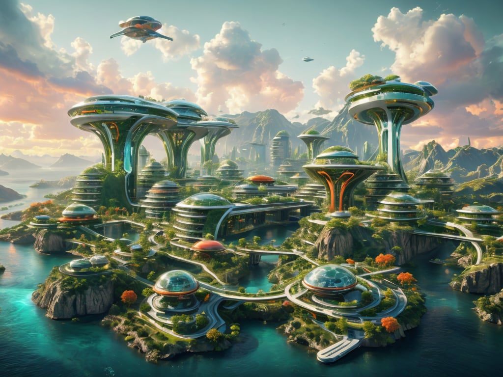 Masterpiece, photorealistic, photorealistic, futuristic green environment, ((futuristic city in the mountain island)), (sunset), futuristic highway, space ship among gigantic green hills, river, futuristic buildings, gigantic waterfall, colorful summer world, vibrant colors, rich colors, saturated colors,Scenery detailers,Building detailers,DonMG414 