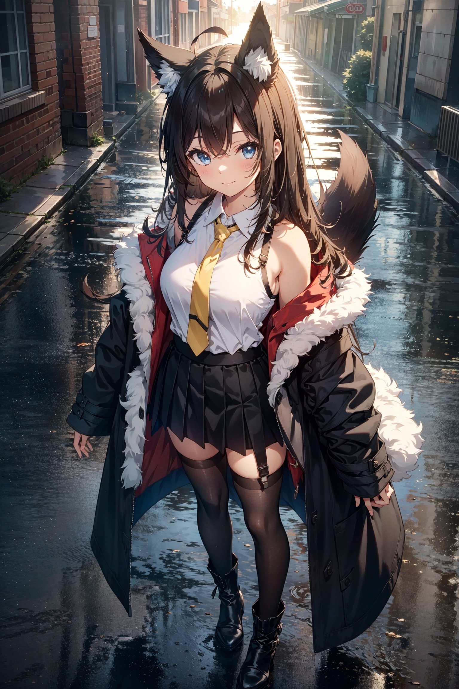 1girl, solo, long hair, breasts, looking at viewer, smile, bangs, blue eyes, skirt, large breasts, brown hair, shirt, thighhighs, long sleeves, holding, animal ears, bare shoulders, closed mouth, standing, jacket, tail, full body, white shirt, boots, open clothes, necktie, sleeveless, black thighhighs, miniskirt, black skirt, off shoulder, black footwear, zettai ryouiki, coat, animal ear fluff, sleeveless shirt, dog ears, dog tail, open coat, id card, yellow necktie