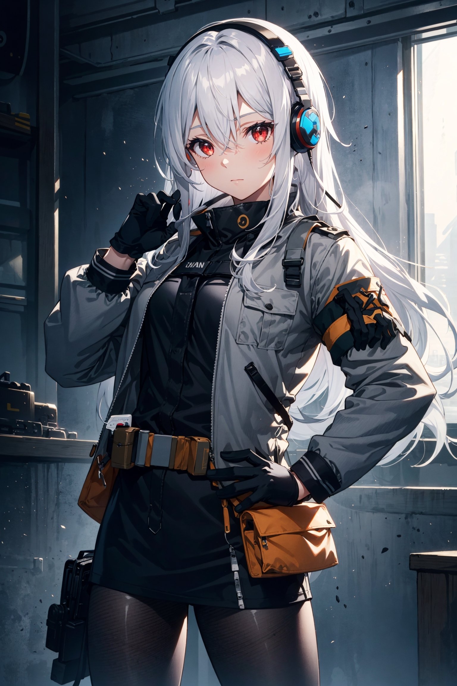 1girl, solo, long hair, looking at viewer, bangs, red eyes, gloves, long sleeves, hair between eyes, closed mouth, jacket, white hair, grey hair, pantyhose, cowboy shot, black gloves, uniform, hand on hip, headphones, armband, pouch, grey jacket, tactical clothes, walkie-talkie