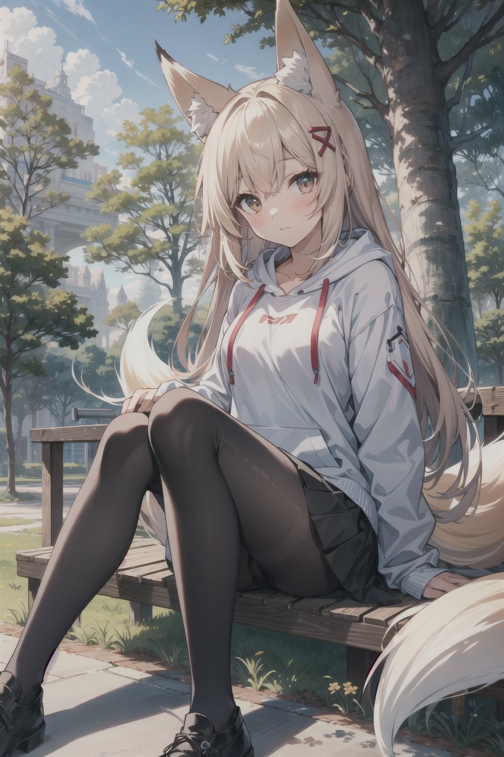 fox girl, fox ears, fox tail, long hair, hoodie, skirt, pantyhose, park scenery, sitting, masterpiece, best quality, HDR, highres,