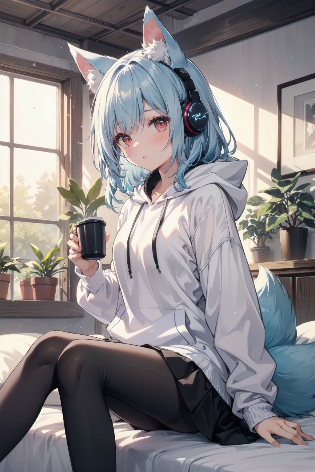 extremely delicate and beautiful, depth of field, amazing, masterpiece, growth, visual impact, ultra-detailed, fox girl, white+blue hair, long hair, red eyes, hoodie, skirt, pantyhose, laying down on bed, bedroom, intricate details, indoors, potted_plant, headphones, cup, gorgeous, fantasism, nature, refined rendering, original, contour deepening, high-key and low-variance brightness scale, soft light, light and dark interlaced,