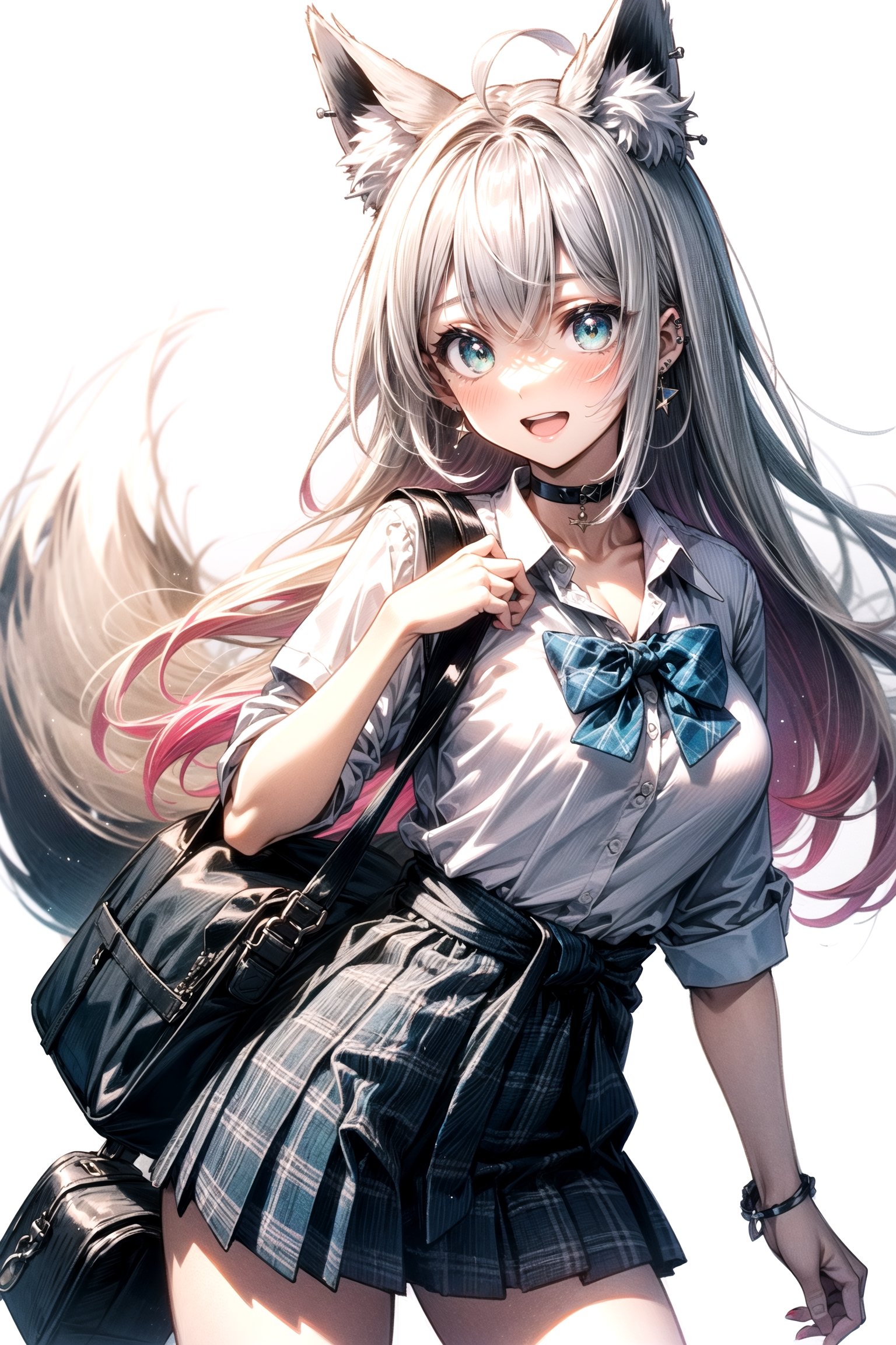 1girl, solo, long hair, breasts, looking at viewer, blush, smile, open mouth, bangs, skirt, simple background, shirt, hair ornament, white background, bow, holding, animal ears, jewelry, medium breasts, school uniform, green eyes, tail, white shirt, pink hair, ahoge, white hair, multicolored hair, pleated skirt, earrings, alternate costume, choker, collared shirt, virtual youtuber, miniskirt, bowtie, bag, nail polish, blue skirt, animal ear fluff, plaid, fox ears, gradient hair, fox tail, black choker, blue bow, plaid skirt, phone, piercing, cellphone, fox girl, ear piercing, smartphone, cropped legs, holding phone, school bag, clothes around waist, gyaru, pentagram, sweater around waist, shirakami fubuki