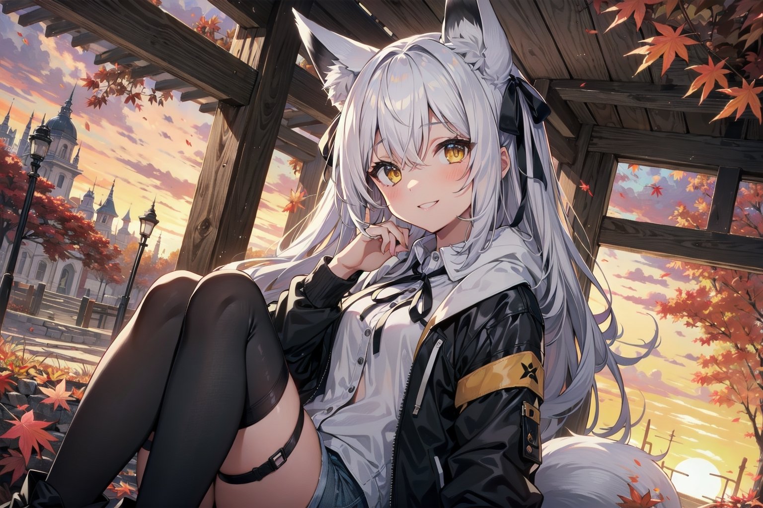 pixai, 1girl, white haired, long hair, fox girl, (black fox ears), (1fox_tail), hair ribbon accessories, neck ribbon, white collared buttoned shirt, black jacket-hoodie, black denim shorts, black thigh highs, shrine, sunset, intricate details, highres, best quality, yellow eyes, kind smile, looking at viewer, HDR, autumn, autumn leaves,