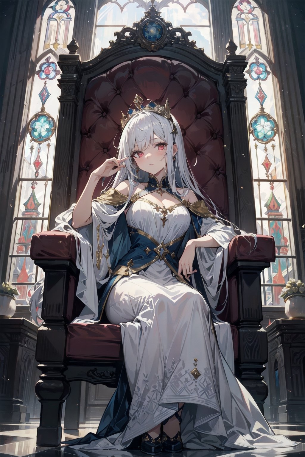 Step into the opulent realm of "Crimson Monarchy," a kingdom where power and beauty converge in the form of a resplendent queen. Visualize an awe-inspiring image of the queen, her white hair cascading like a regal waterfall, her deep red eyes reflecting both wisdom and authority, as she sits upon her throne, contemplating her kingdom.
The throne room exudes grandeur and majesty, adorned with ornate golden accents and draped in rich crimson tapestries that bear the emblem of the realm. Sunlight streams through towering stained-glass windows, casting a kaleidoscope of colors upon the polished marble floors. The air is infused with the scent of polished wood and perfumed candles, adding to the atmosphere of regal elegance.
Seated upon her throne, the queen radiates an aura of both power and grace. Her white hair is a symbol of her wisdom and experience, flowing like a river of moonlit silk. Her deep red eyes, intense and captivating, hold the secrets of the kingdom and speak of her unwavering resolve. She embodies a formidable ruler whose beauty and authority command the admiration of her subjects.
The queen's attire is befitting of her royal stature, exuding a sense of regality and refinement. Picture her in a gown adorned with intricate embroidery and precious gemstones that catch the light and shimmer like stars. The gown is a testament to her strength, embracing her figure with confidence while still allowing her freedom of movement. A regal crown rests atop her head, symbolizing her rightful place on the throne.