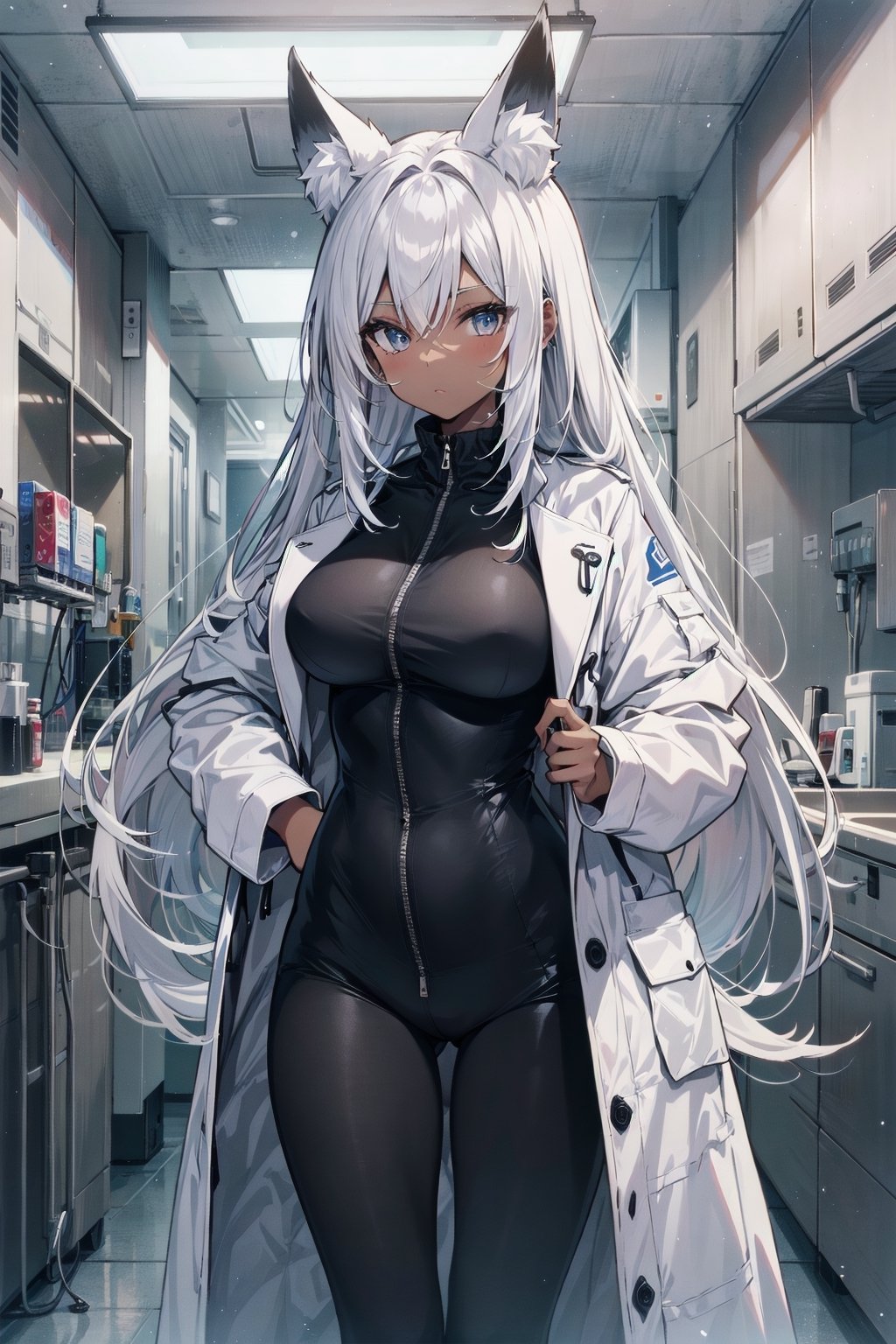 standing dark_skin 1girl, looking at viewer, white_long_hair, fox_ears, oversized coat, black tight-fitting thin bodysuit , skindentation, hospital background,