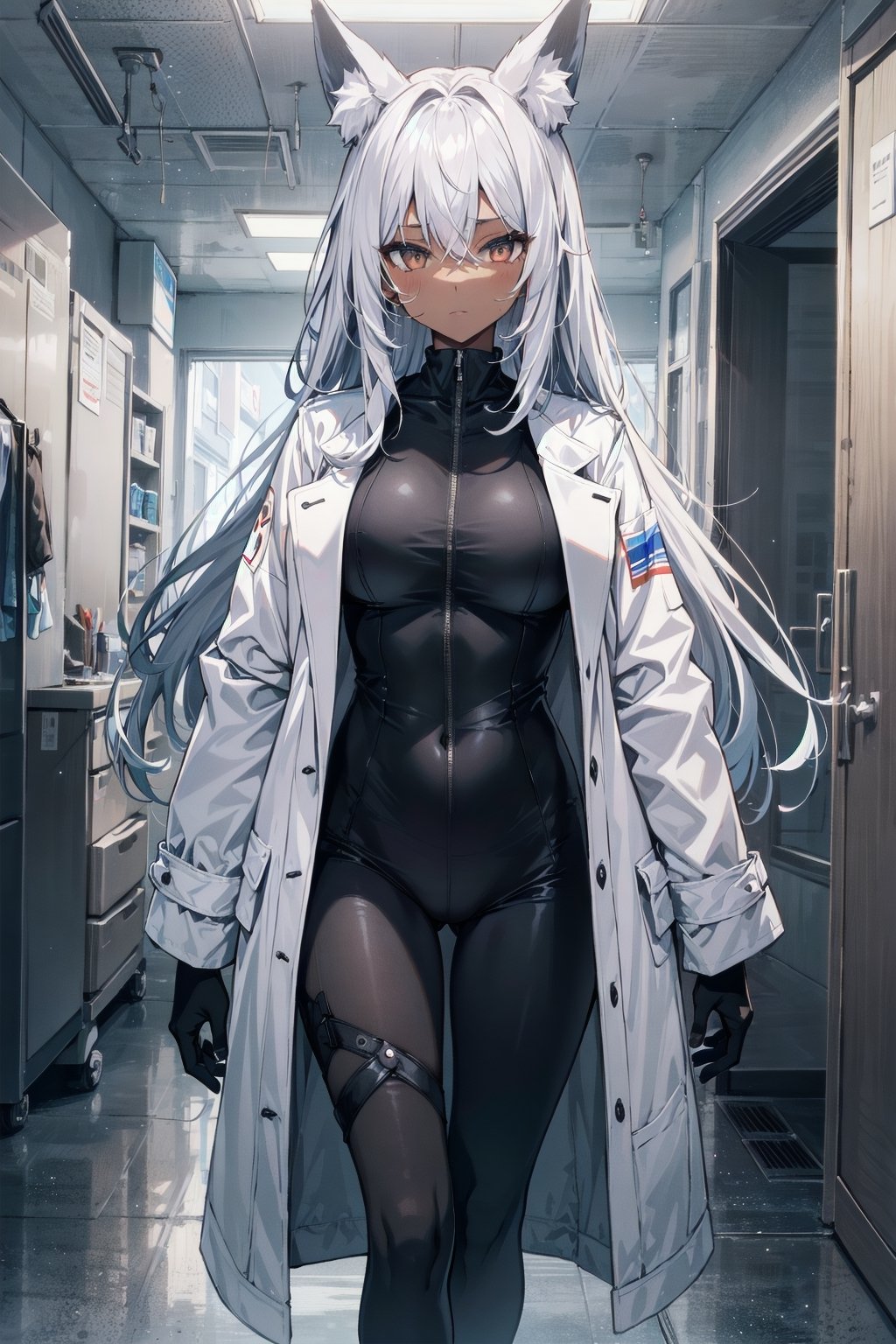 standing dark_skin 1girl, looking at viewer, white_long_hair, fox_ears, oversized coat, black tight-fitting thin bodysuit , skindentation, hospital background,