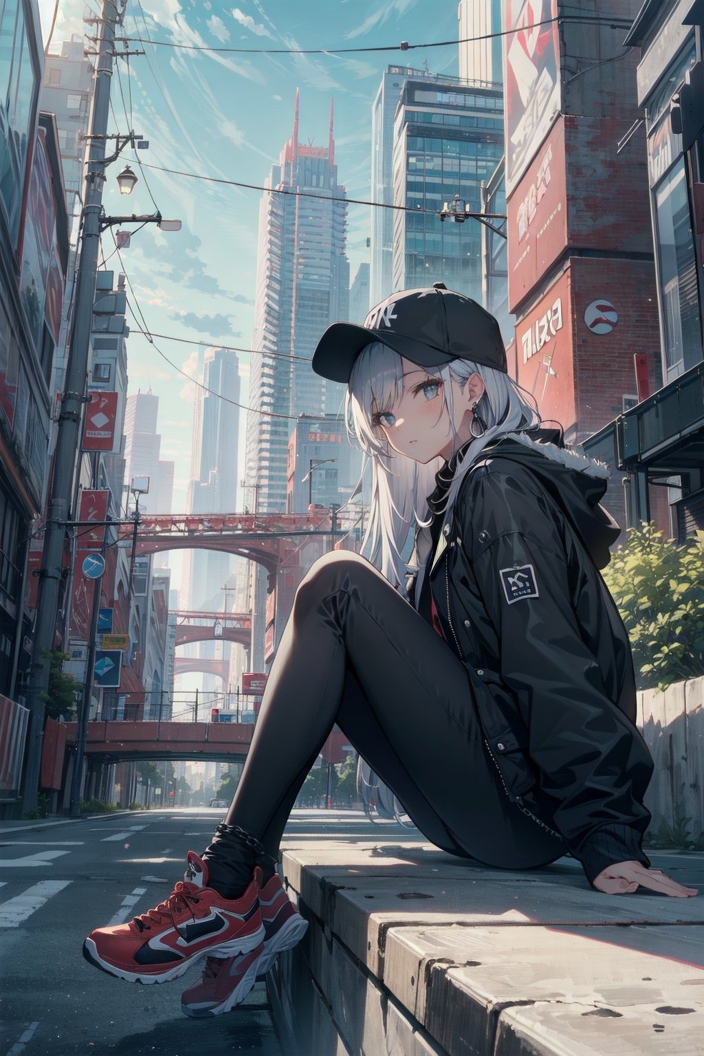 skyscraper, building, city, cityscape, hat, earrings, baseball_cap, 1girl, long_hair, jacket, chain-link_fence, hood, bridge, solo, architecture, shoes, sitting, city_lights, east_asian_architecture, looking_at_viewer, , neonpunkai
