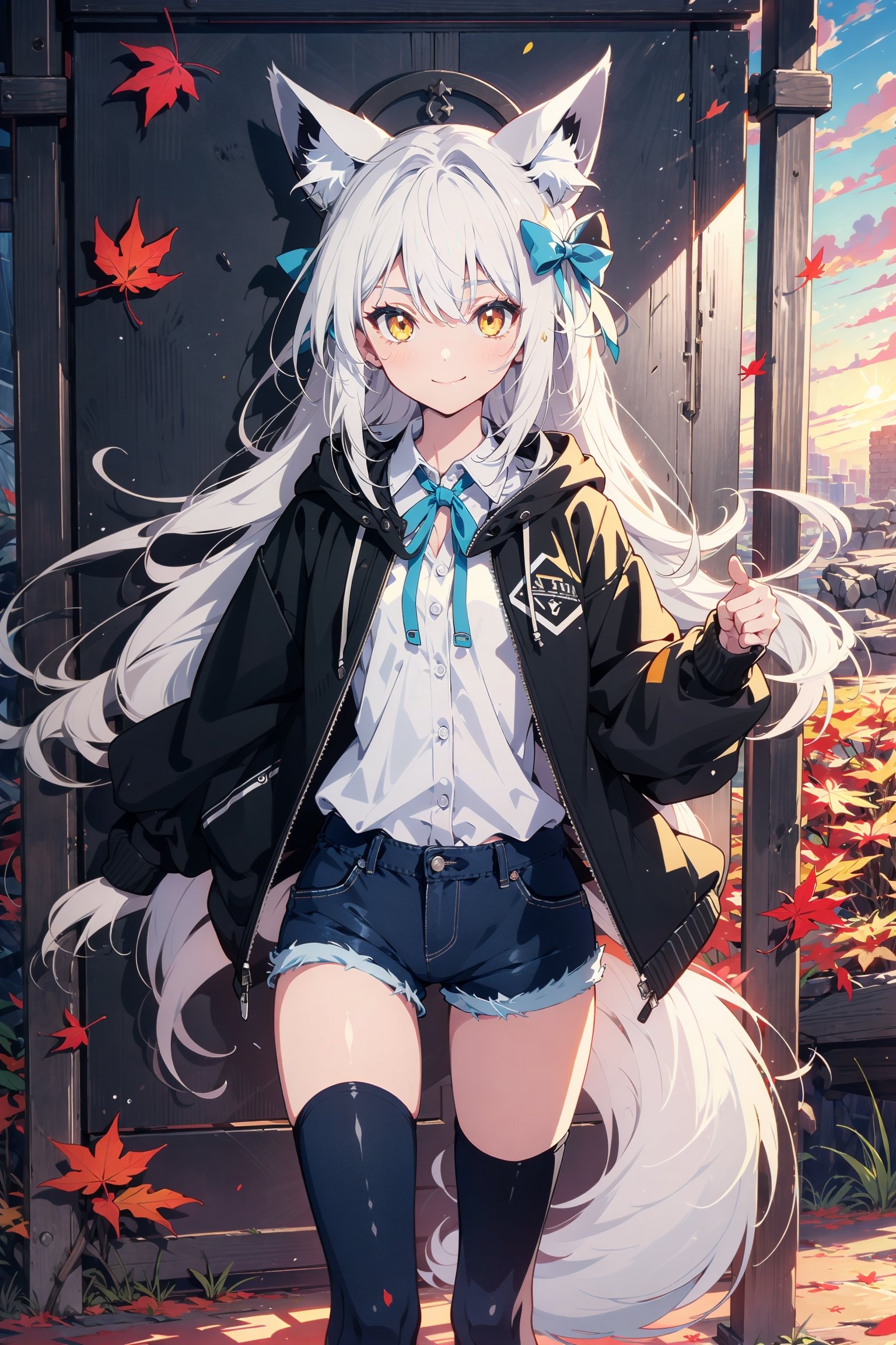 pixai, 1girl, white haired, long hair, fox girl, (black fox ears), (1fox_tail), hair ribbon accessories, neck ribbon, white collared buttoned shirt, black jacket-hoodie, black denim shorts, black thigh highs, shrine, sunset, intricate details, highres, best quality, yellow eyes, kind smile, looking at viewer, HDR, autumn, autumn leaves,Blue_reason,