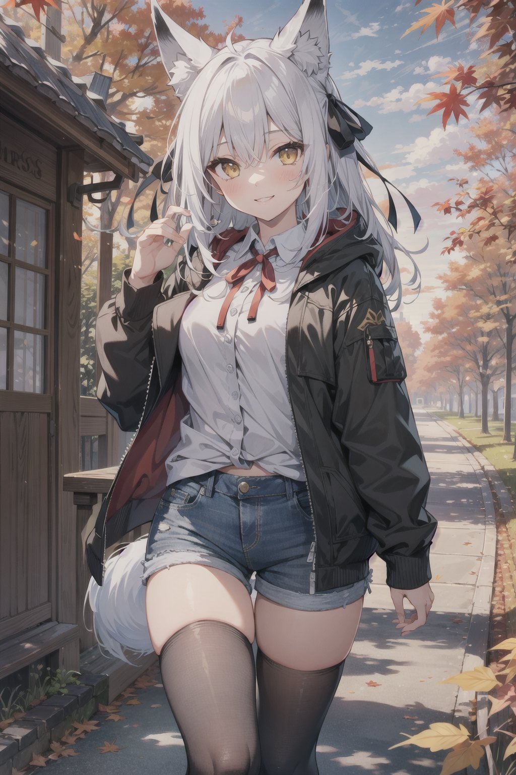 pixai, 1girl, white haired, long hair, fox girl, (black fox ears), (1fox_tail), hair ribbon accessories, neck ribbon, white collared buttoned shirt, black jacket-hoodie, black denim shorts, black thigh highs, shrine, sunset, intricate details, highres, best quality, yellow eyes, kind smile, looking at viewer, HDR, autumn, autumn leaves,