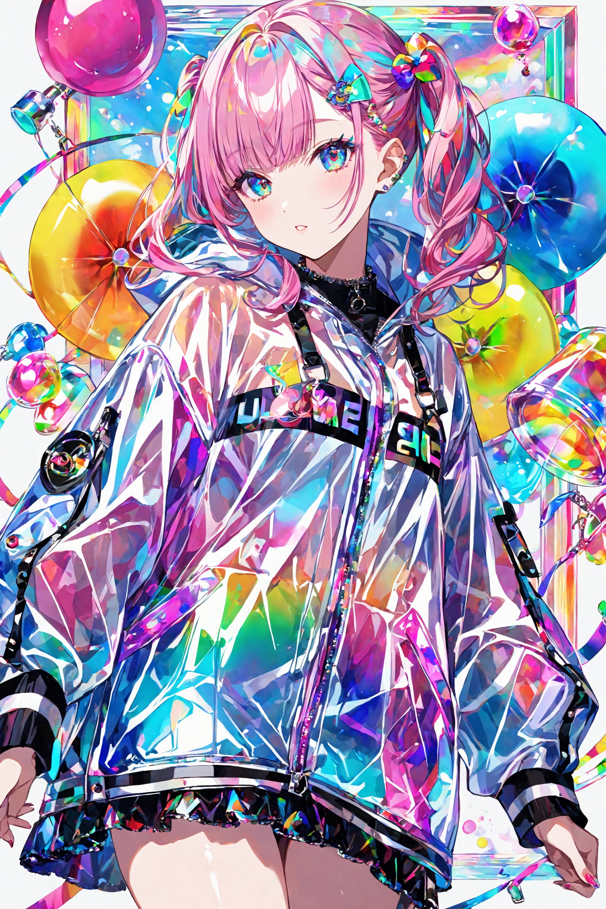 transparent color PVC clothing, transparent color vinyl clothing, prismatic, holographic, chromatic aberration, fashion illustration, masterpiece, girl with harajuku fashion, looking at viewer, 8k, ultra detailed, pixiv
, masterpiece, best quality, score_9, score_8_up, score_7_up, ultra-detailed,