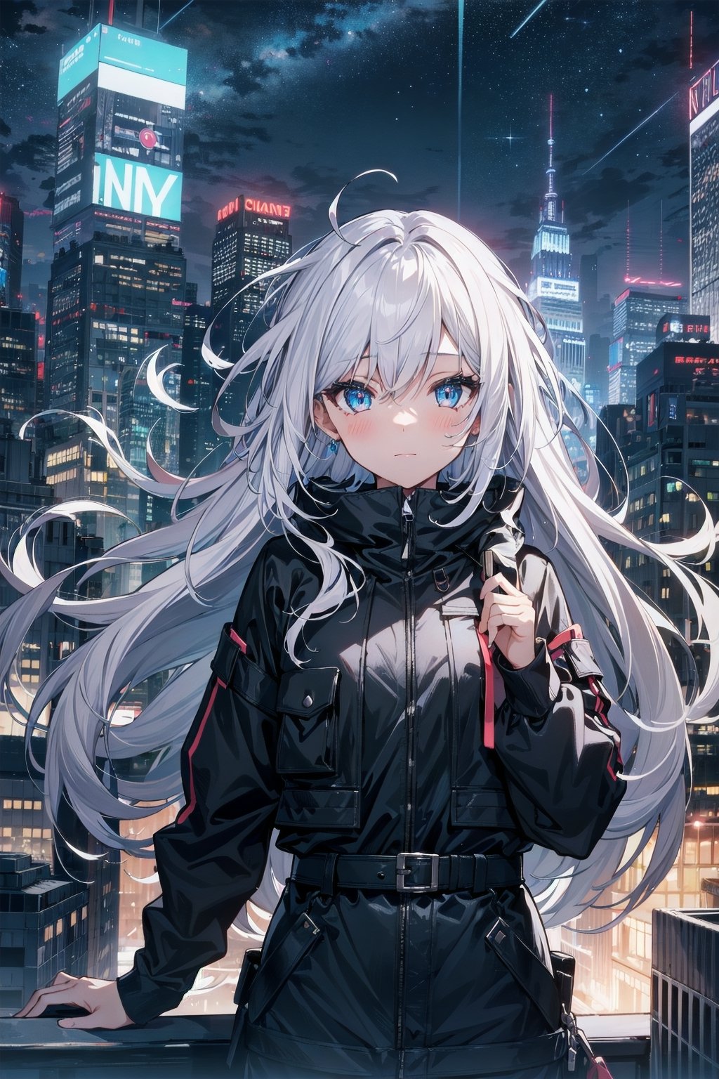 1girl, white hair, long hair, sparkling eyes, city, night, neon lights, skyscraper, rooftop, starry sky, masterpiece, best quality,