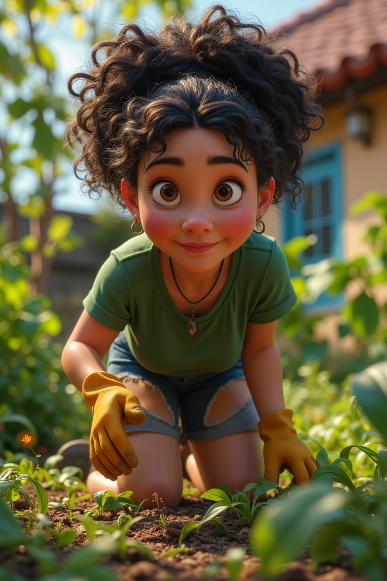 A  chubby, short island female, she has a flatish nose and a round chubby face . Her curly black/brown hair sits in a bun atop her head. Dressed in blue shorts and a green tshirts. She wears gardening gloves as she weeds her garden