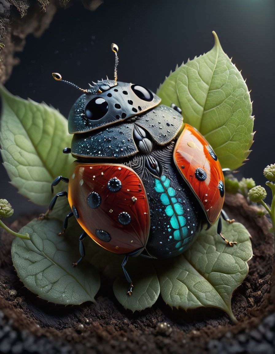 cinematic photo BugCraft, no humans, ladybug, antennae, leaf, from above, shadow, lying, outdoors, animal, bright, focus, elegant, intricate, elite, cinematic, shiny, colorful, deep background, highly detailed, complex, magical, epic, mystical, alive, united, symmetry, fine, polished, vivid, color, perfect, strong, marvelous, beautiful ,35mm photograph, film, bokeh, professional, 4k, highly detailed,BugCraft,shards, in the style of esao andrews,more detail XL,moonster