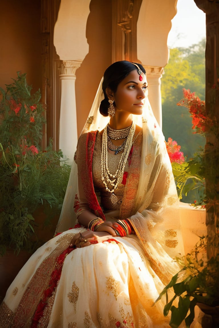 Majestic Indian Queen: A regal subject sits poised at an arched window, gazing out upon the lush royal gardens. Soft, warm light casts a gentle glow on her dignified features, exuding elegance, modesty, and humility. Her renowned beauty is a beacon of admiration throughout the region, as subjects revere and adore their benevolent ruler.