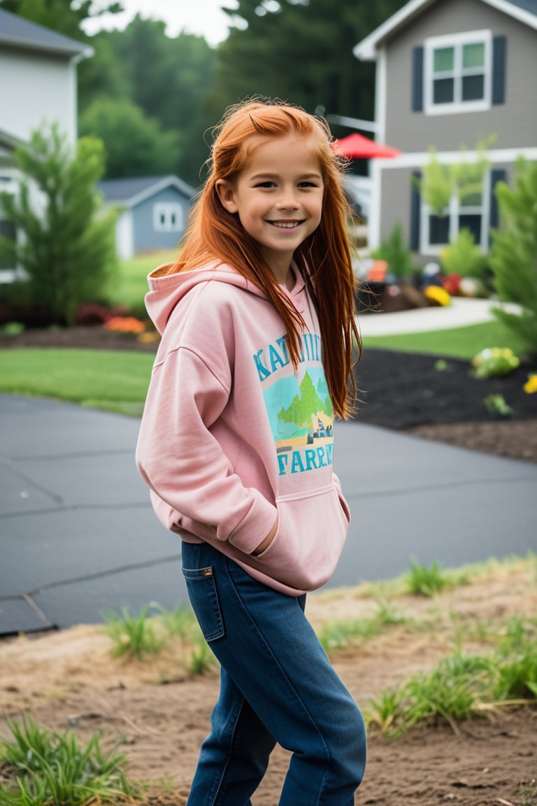 "Nicolette, at 10 years old, stands in her front yard, her long red hair beginning to lose its neatness as she pulls it into a messy ponytail. She's in the middle of a transition—still wearing a pink hoodie but paired with worn-out jeans and sneakers that show her growing interest in rough-and-tumble play. Her hands are stuffed in her pockets as she watches Zach, her older neighbor and best friend, riding his bike nearby. There’s a hint of hesitation in her, still clinging to her girly side but slowly adopting Zach’s carefree attitude. A smudge of dirt on her cheek and the way she kicks a stray rock signal the shift from the girly girl she used to be to the tomboy she’s becoming. Despite the change, her gaze is still drawn to Zach, a playful spark in her eyes as she debates whether to join him."