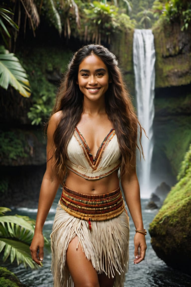 cinematic film still,Portrait of a 30 year old beautiful polynesian woman named Moana, physically and mentally transforming into a handsome man with long hair, smiling, wearing traditional Polynesian clothing, full body, walking out of waterfall; pacific island with waterfall in the background, ambient light, Nikon 15mm f/1.8G, by Alessio Albi, by Annie Leibowitz, by Lee Jeffries