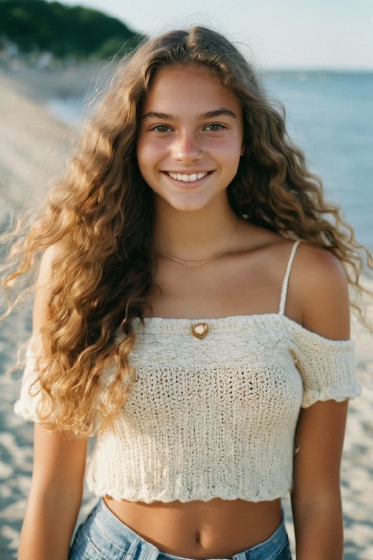 photo of a rich 18-year-old mixed with Brazilian and German girl model, living in Cape Cod, long beautiful wavy hair, cute smile and face,  teenager, girly summer hand-knit top, hazel eyes, Kodak ultra max disposable cinematic photography, soft lense