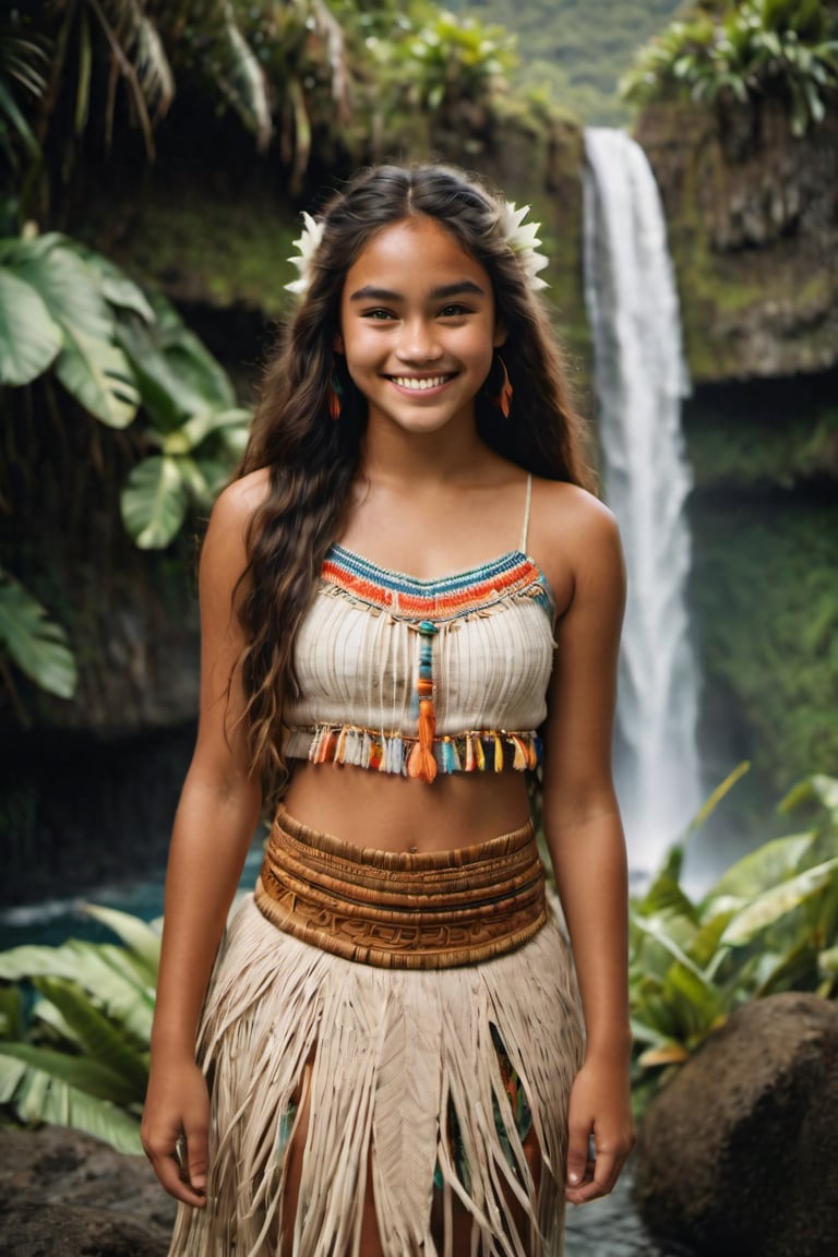 cinematic film still, full body, Portrait of a 16 year old beautiful polynesian teenage girl named Moana, wearing traditional Polynesian clothing, smiling; pacific island with waterfall in the background, ambient light, Nikon 15mm f/1.8G, by Alessio Albi, by Annie Leibowitz, by Lee Jeffries